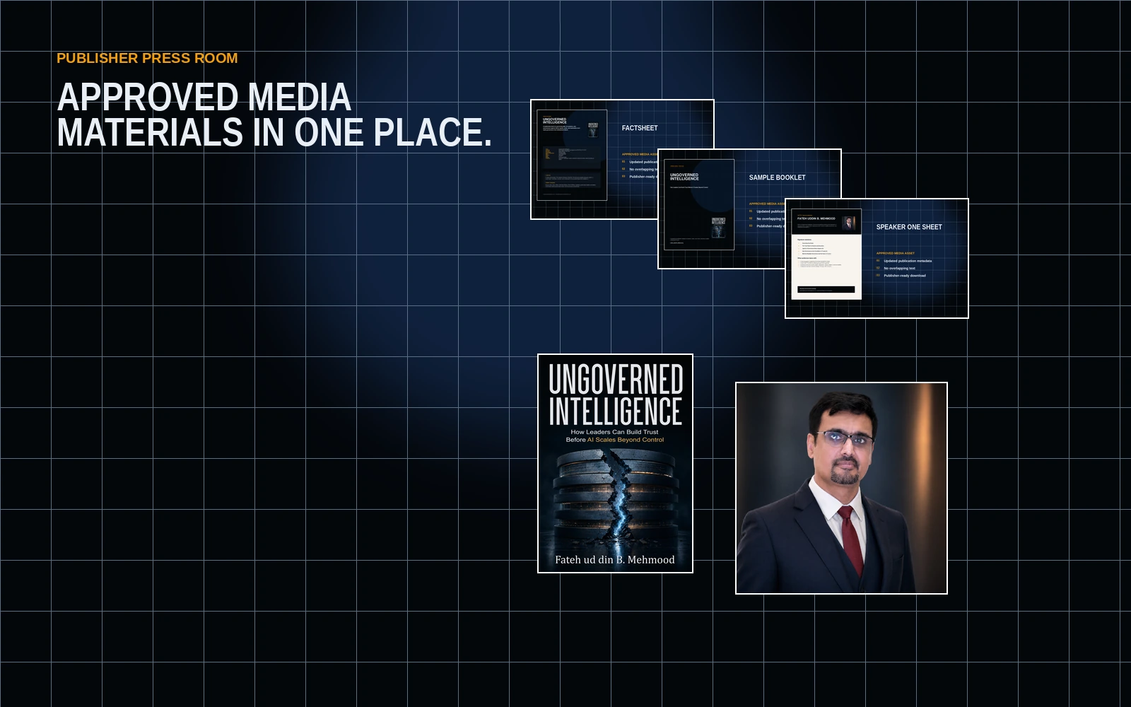 Media kit composition with book cover, author portrait, and press asset cards